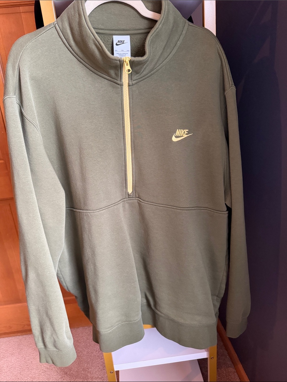 Nike Olive Green Half-Zip Sweatshirt with Pale Yellow Accents